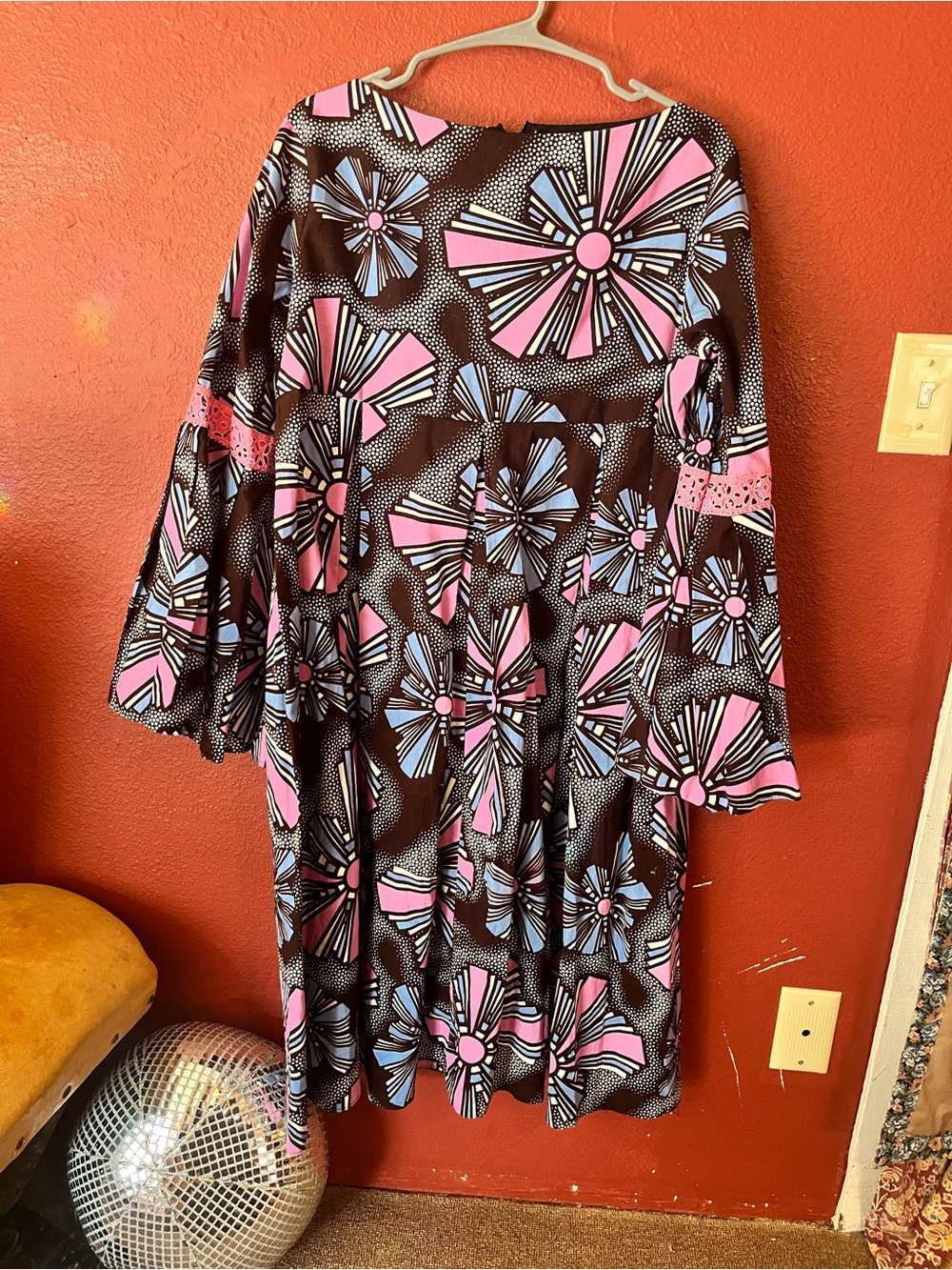 Floral Graphic Bell-Sleeve Dress in Pink, Blue & Black